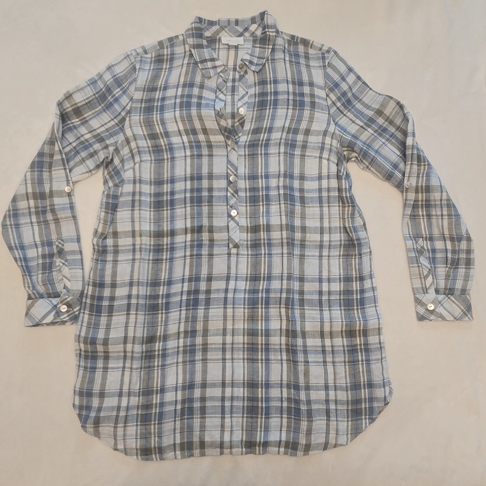 J. Jill Love Linen Size S Blue Plaid Tunic Top Long Roll Tab Sleeve 100% Linen